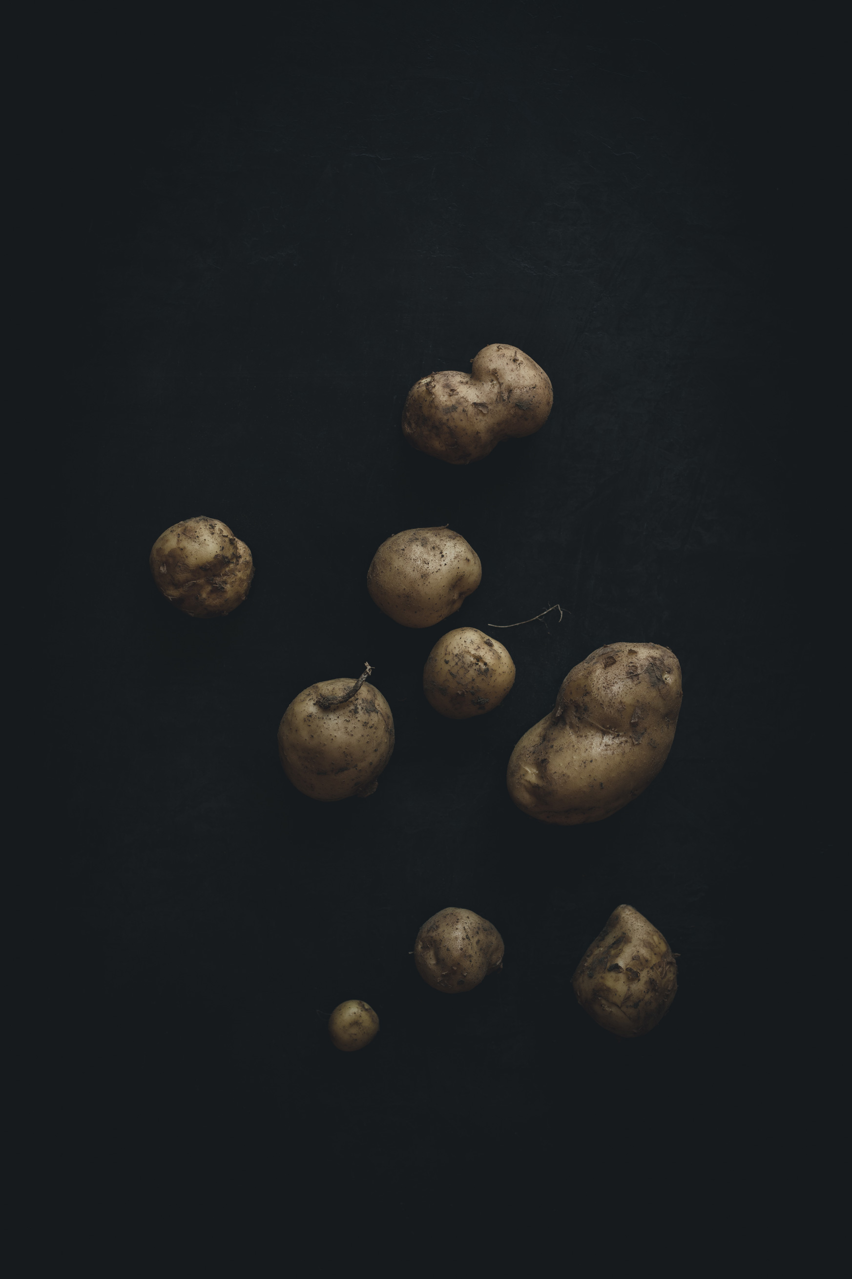 Potatoes on a black background from the Moody Food series by John Robson Photography