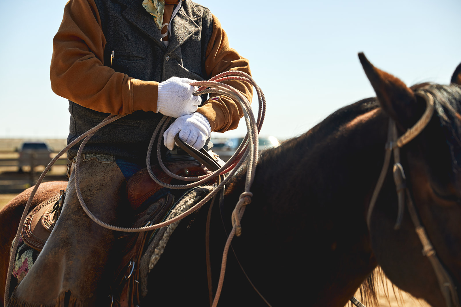 cropped closed lasso held by a man on a horse at a cattle branding in eastern Colorado - John Robson Photography