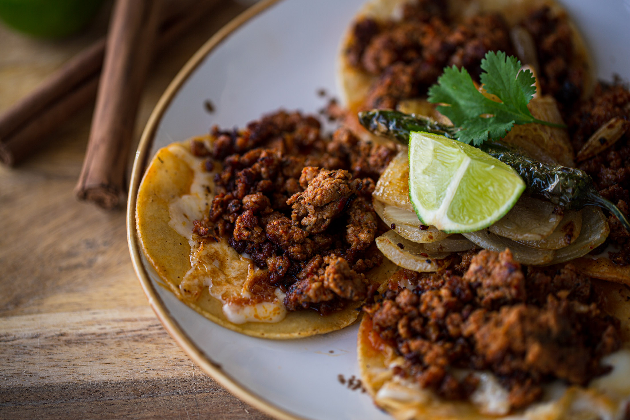 Chorizo tacos on a plate at Los Comales in Fort Collins, Colorado - John Robson Photography