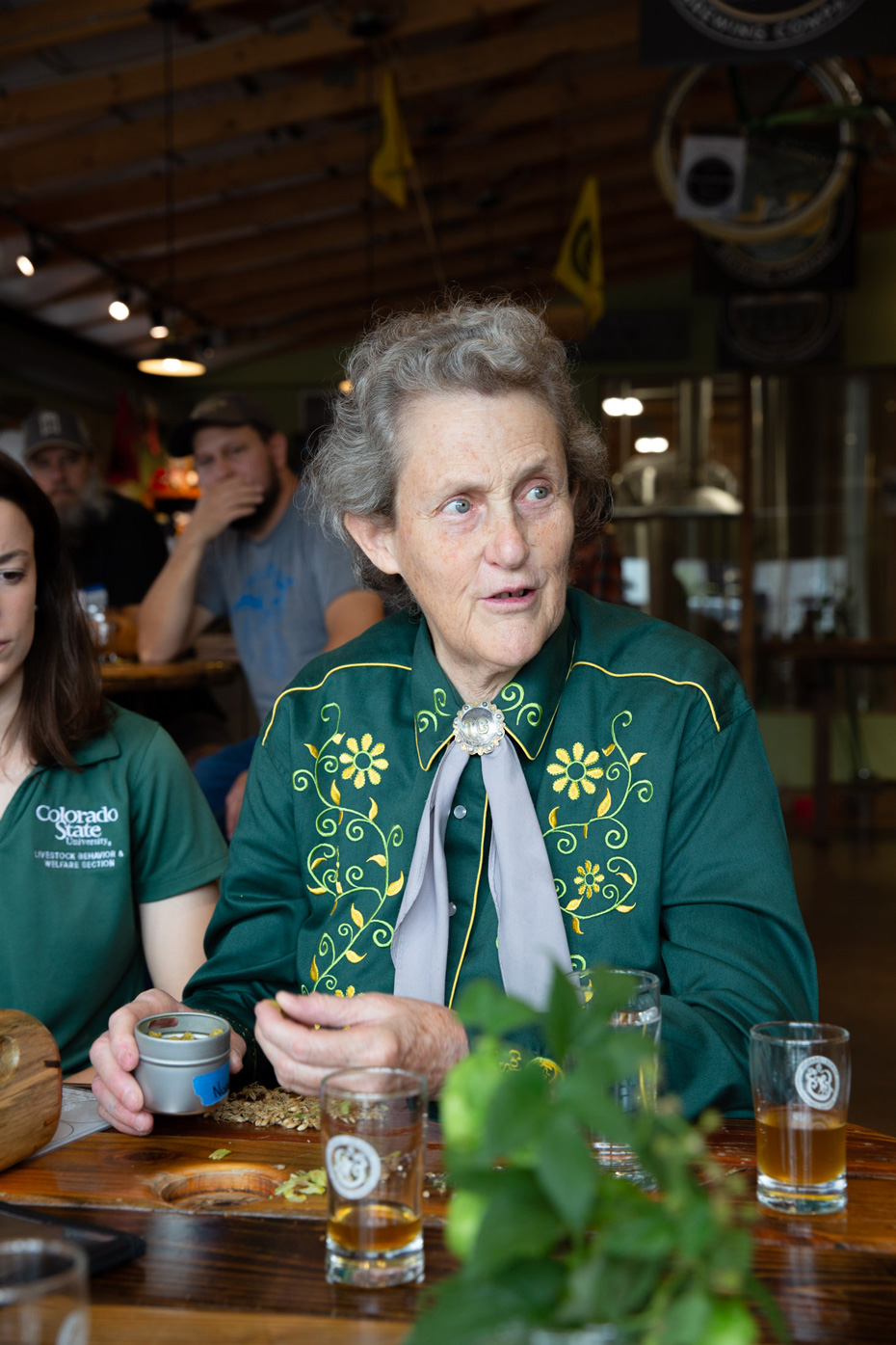 Temple Grandin discussing beer malt at Horse and Dragon Brewery in Fort Collins, Colorado - John Robson Editorial Photography