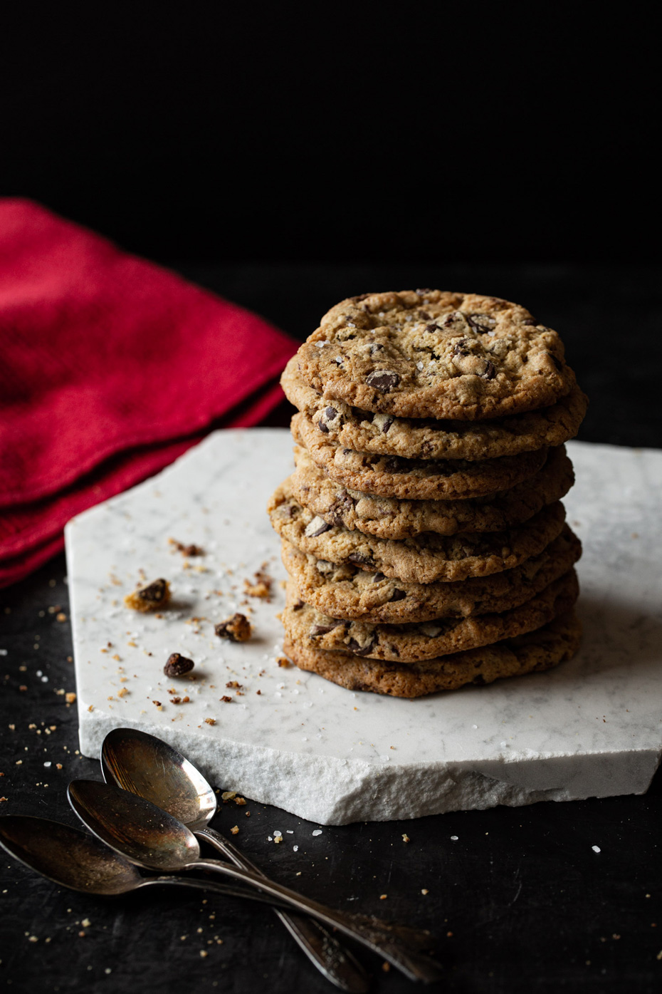Stack of gluten free chocolate chip cookies - John Robson Photography