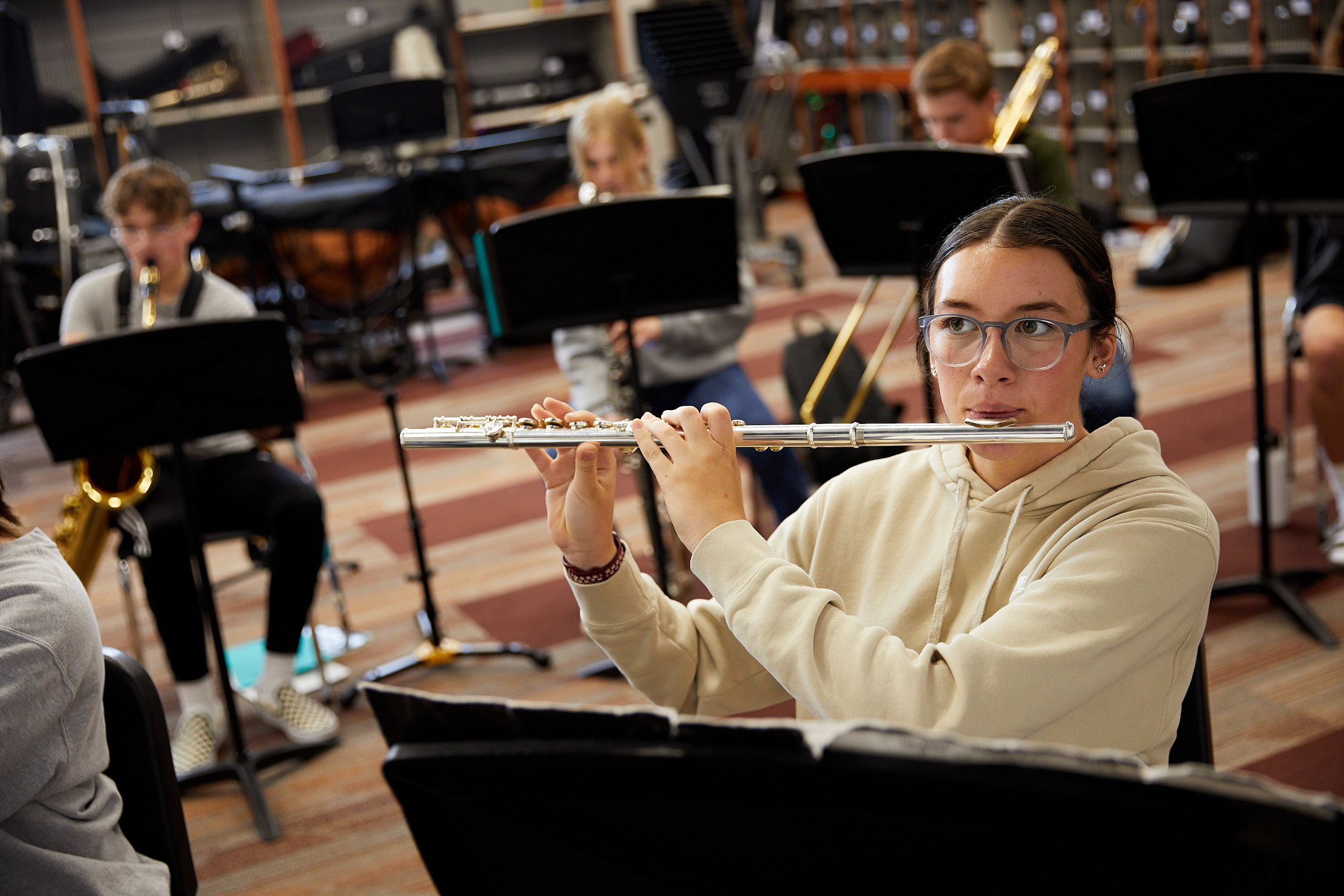 Girl Playing flute during band practice at Windsor High School - John Robson Photography