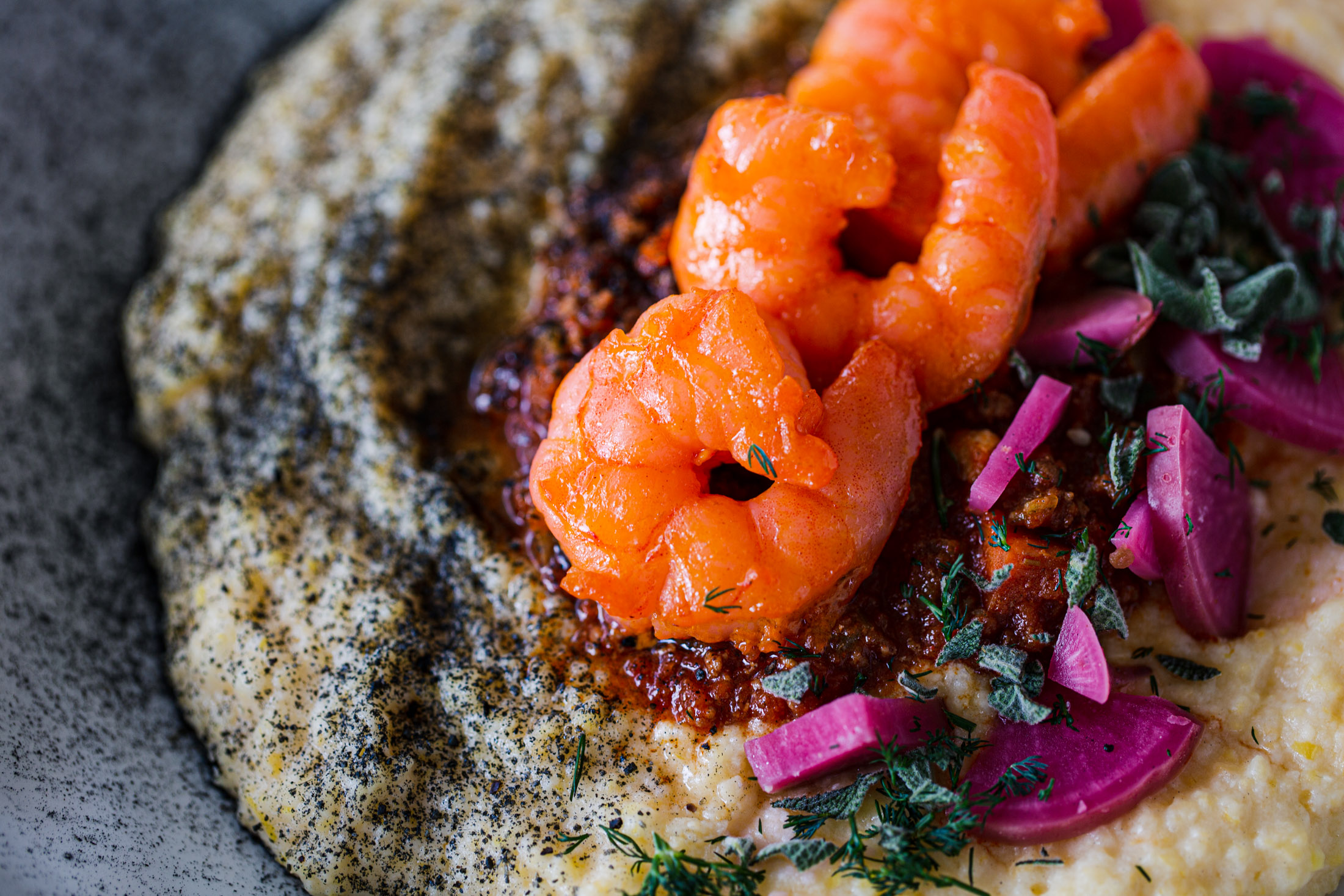Clsoe up of shrimp and grits at The Regional restaurant in Fort Collins, Colorado - John Robson Photography
