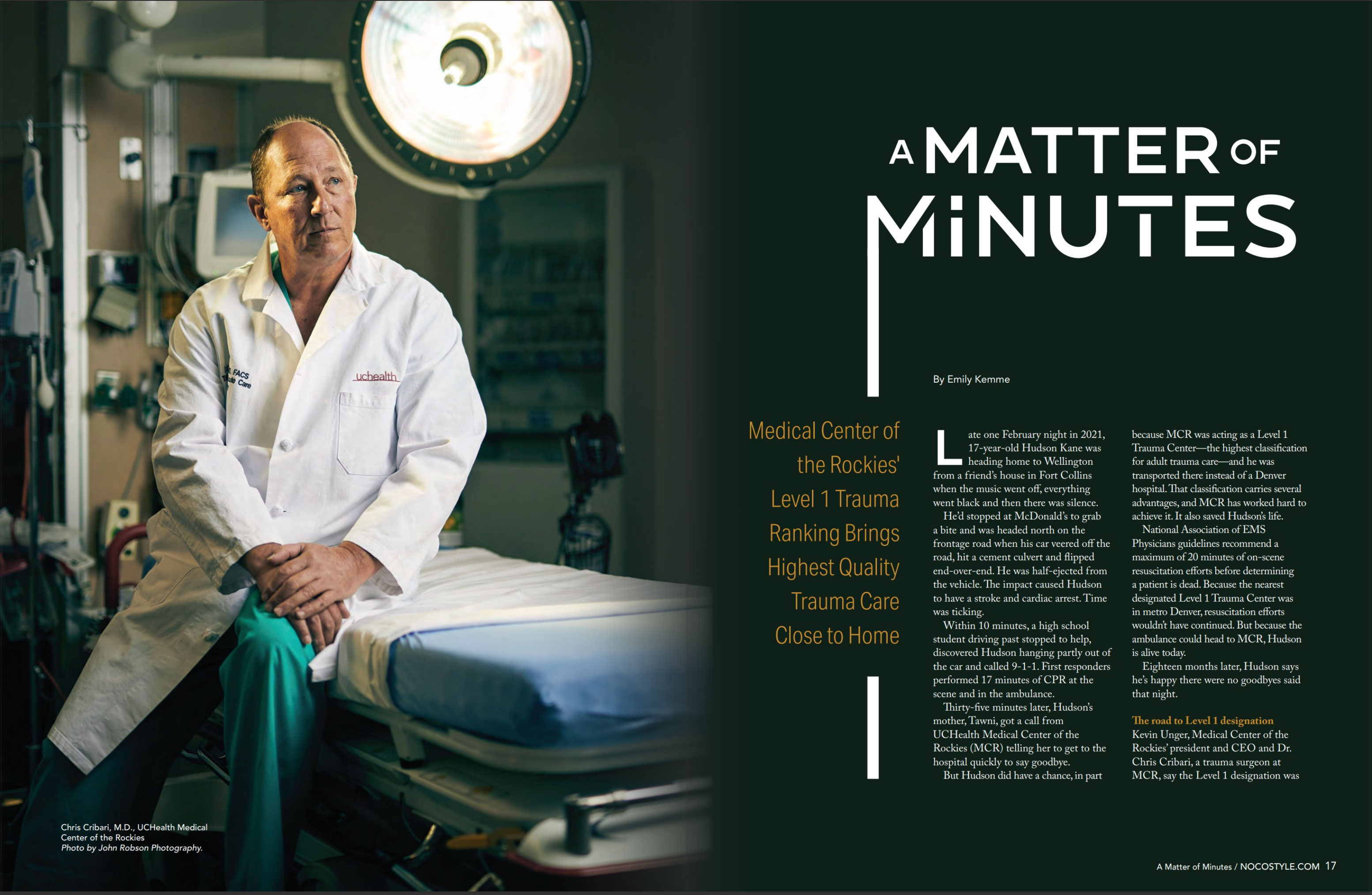 Interior spread of NOCO Style Magazine featuring a Trauma doctor - John Robson Editorial Photography